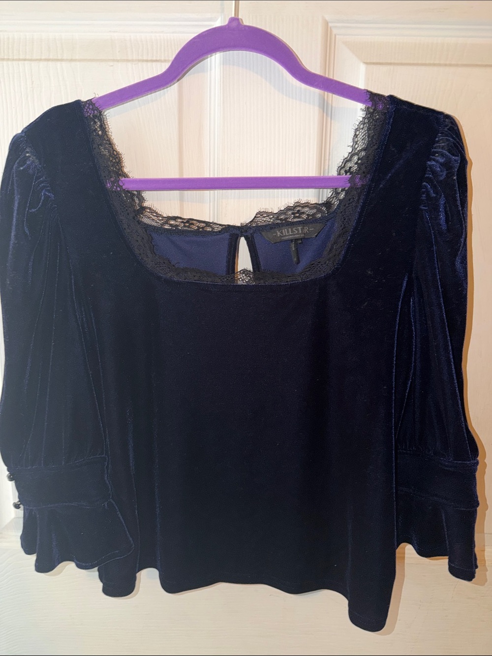 Killstar Navy Blue Velvet Lace-Trim Square Neck Blouse